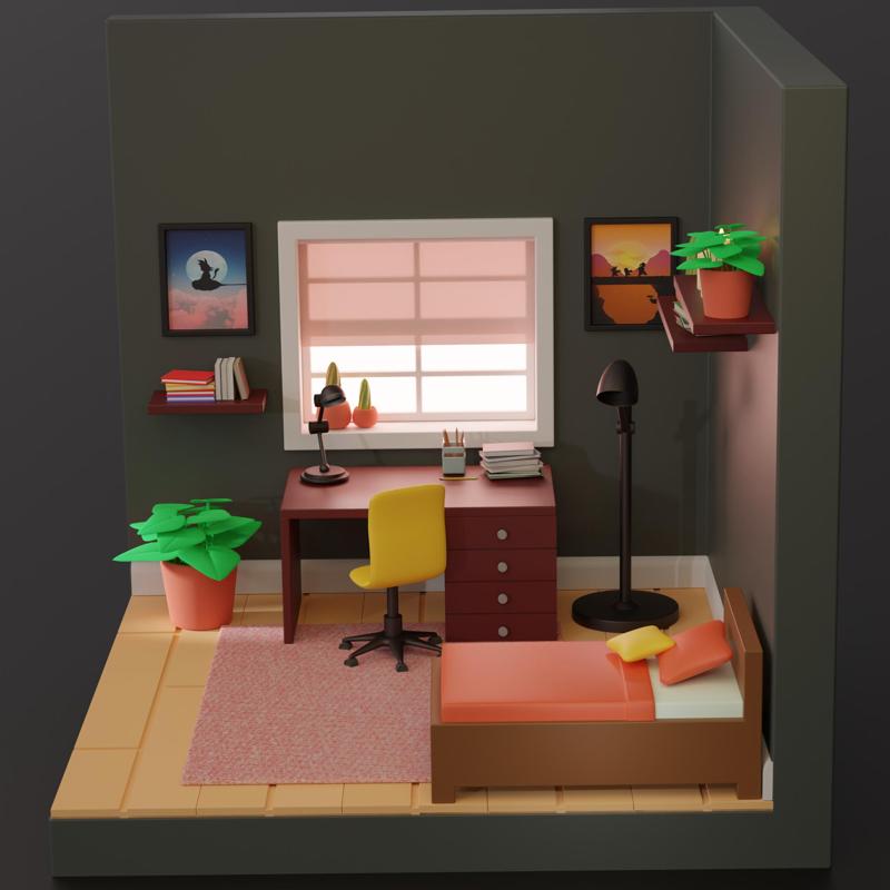 Low Poly Cute Bedroom  3D model