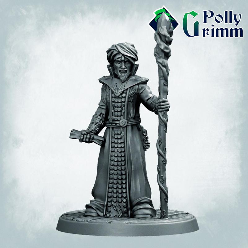 Fantasy miniatures for tabletop games. Elemental mages set. Air, fire and earth wizards
