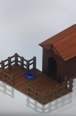 little fancy dog house with fence and bowl