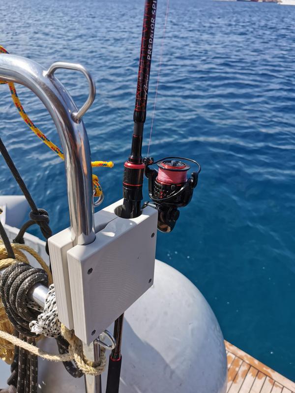 Fishing rod holder for mounting on a railing