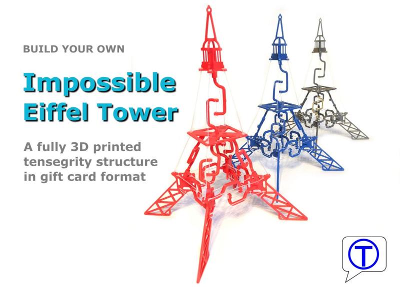 The Impossible Eiffel Tower - fully 3D printed tensegrity structure in a gift card format