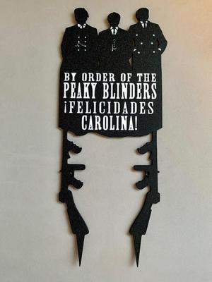 Skewer with Peaky Blinders silhouette with congratulations and name.
