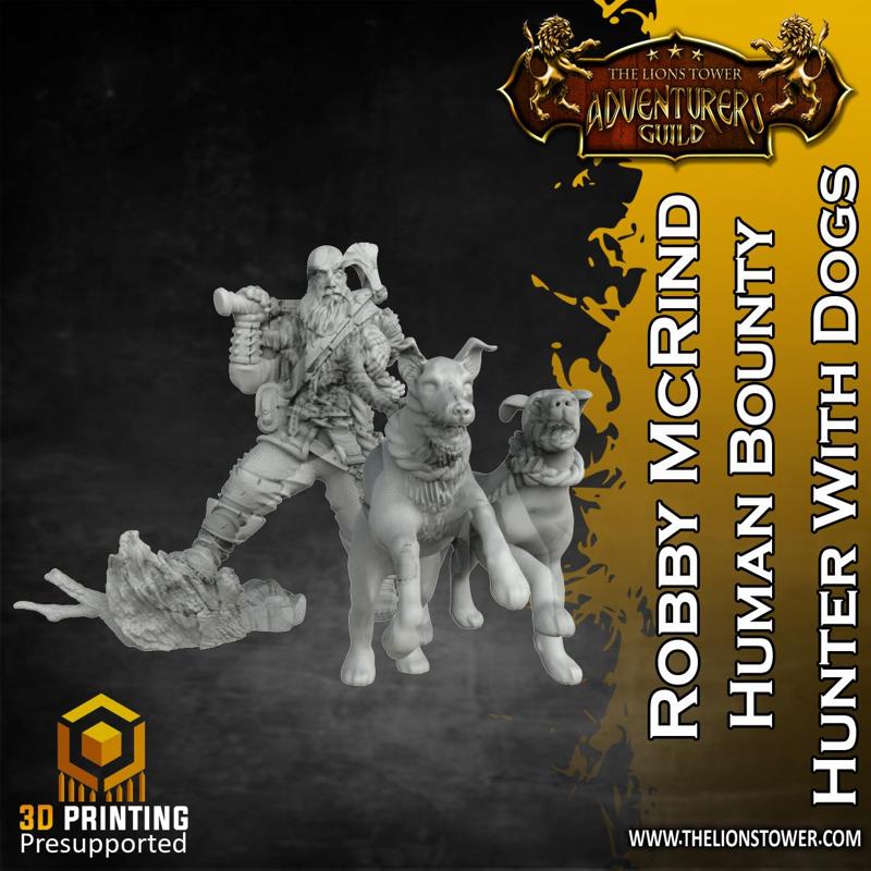 Allies and Enemies - Robby McRind, Human Bounty Hunter with Dogs (32mm scale, Pre-supported Miniature)