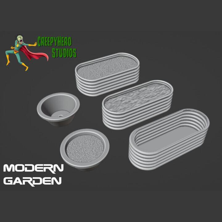 Modern 28mm Scale Garden Container Set STL – 3D Printable Urban and Rural Scatter Terrain for Miniature Tabletop Wargaming