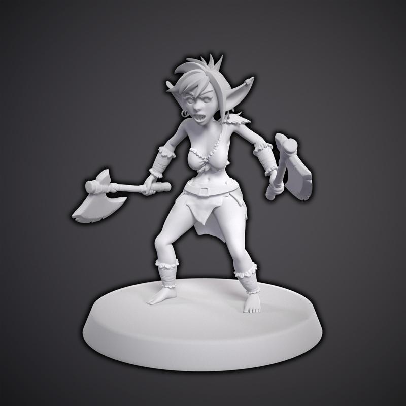 Female Goblin Barbarian - 3D Printable Miniature + Customizable RPG Character Sheet