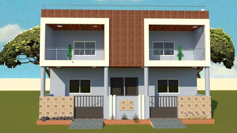 3d elevation two story house with balcony