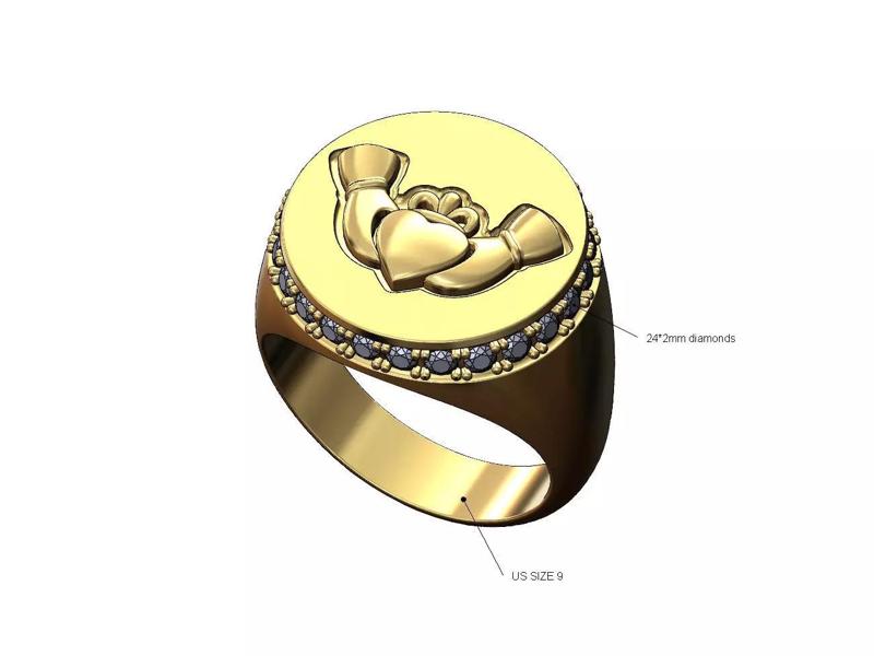 Diamond halo Claddagh heart crown round signet ring size 9