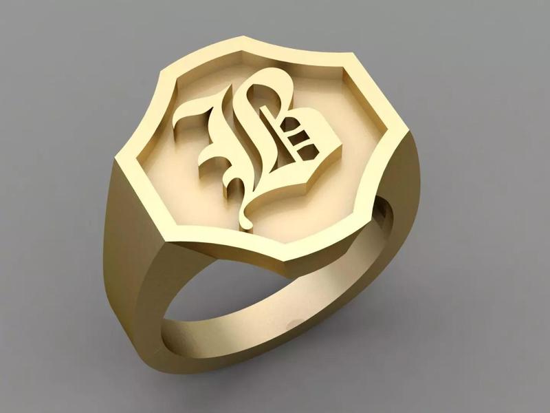 B Letter Classy Solid 14K Gold Name Initial Signet Ring Mens