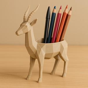 Low-Poly Gazelle Pen Holder  STL | 3D Printed Desk Organizer with Antlers