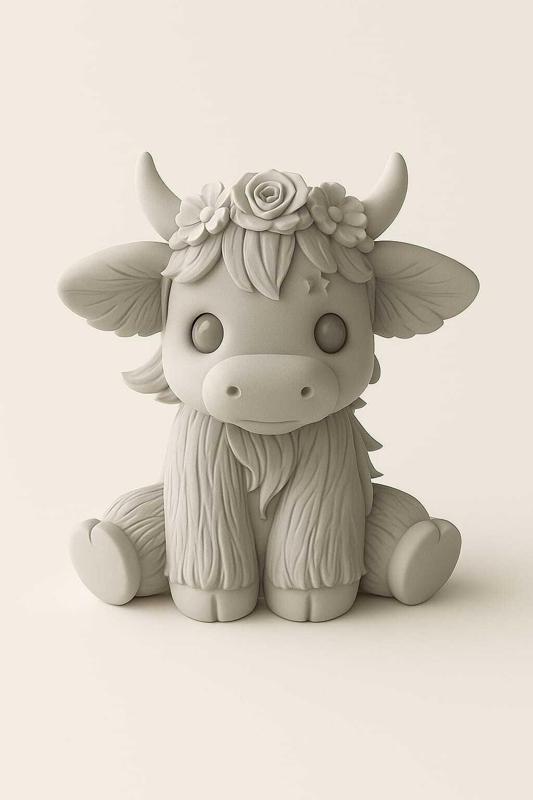 Cute Highland Cow with Flower Crown – Kawaii Cow Figurine STL