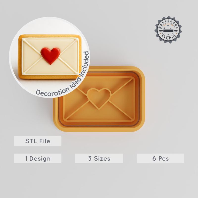 Love Letter Cookie Cutter & Stamp Set, Heart & Envelope Design, 6 Piece, 3 Sizes, Perfect for Cookies & Fondant