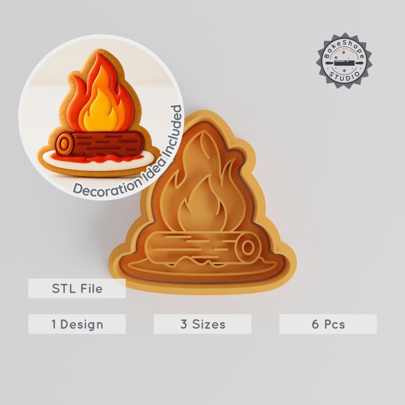 Fire Shape Cutter & Stamp, Cookie & Fondant Set, Includes S/M/L Sizes, 6 Pieces, Flame & Heat Design