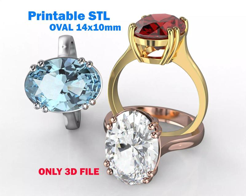 Printable Engagement SOLITAIRE Ring with oval 14x10mm STL