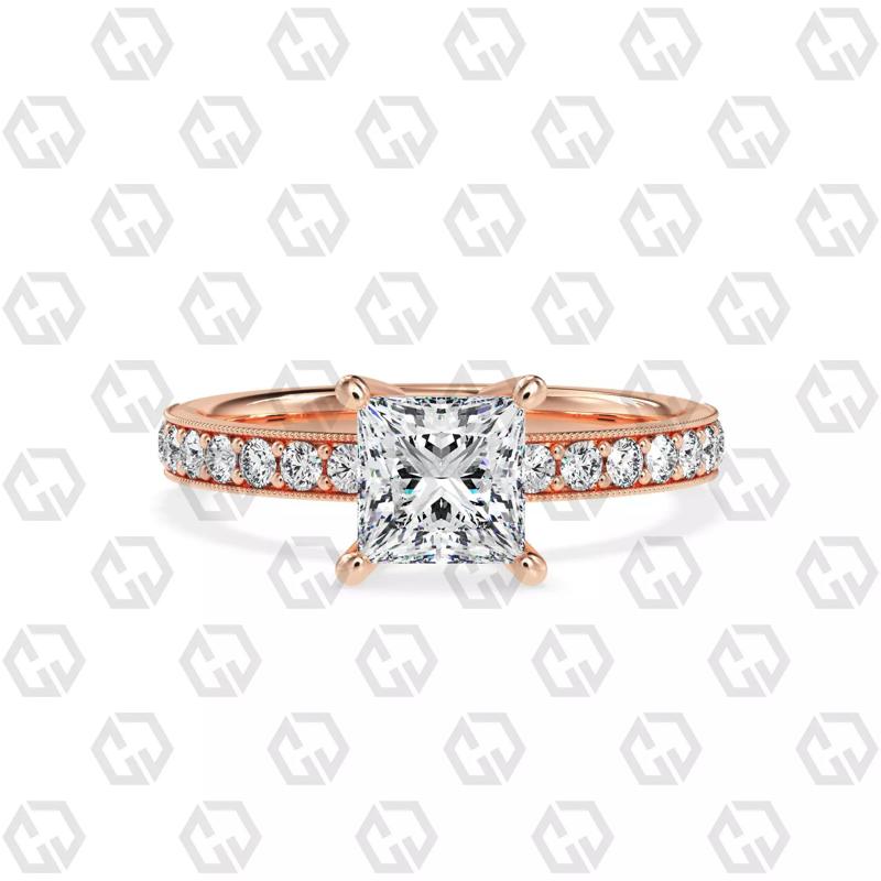 Ring 218 Princess shape milgrain pave set with Gems