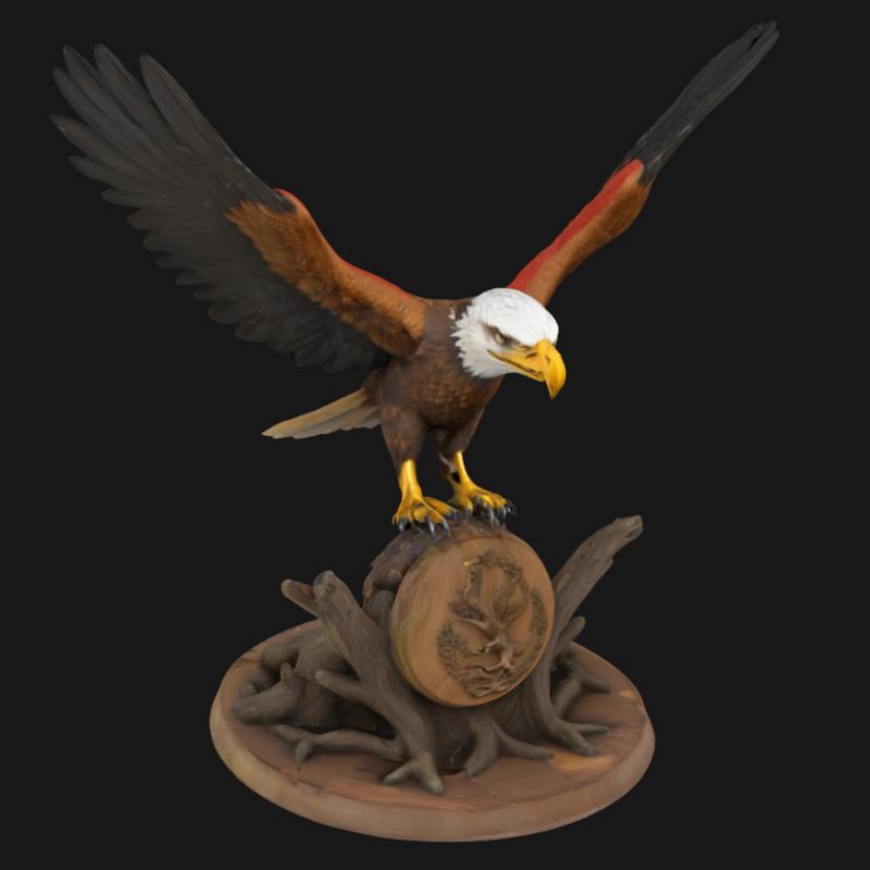 Eagle Landing on Carved Tree Base – 3D Printable Sculpture