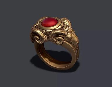 two head ram ring with gem