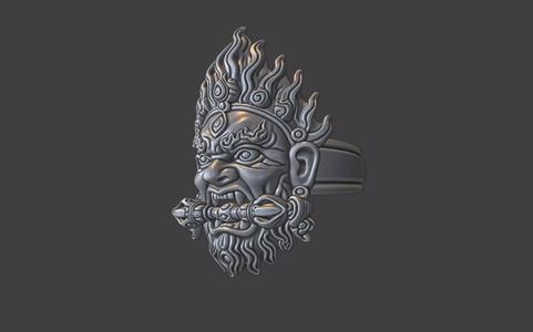 tibetan deity wrathfull god face ring with varja