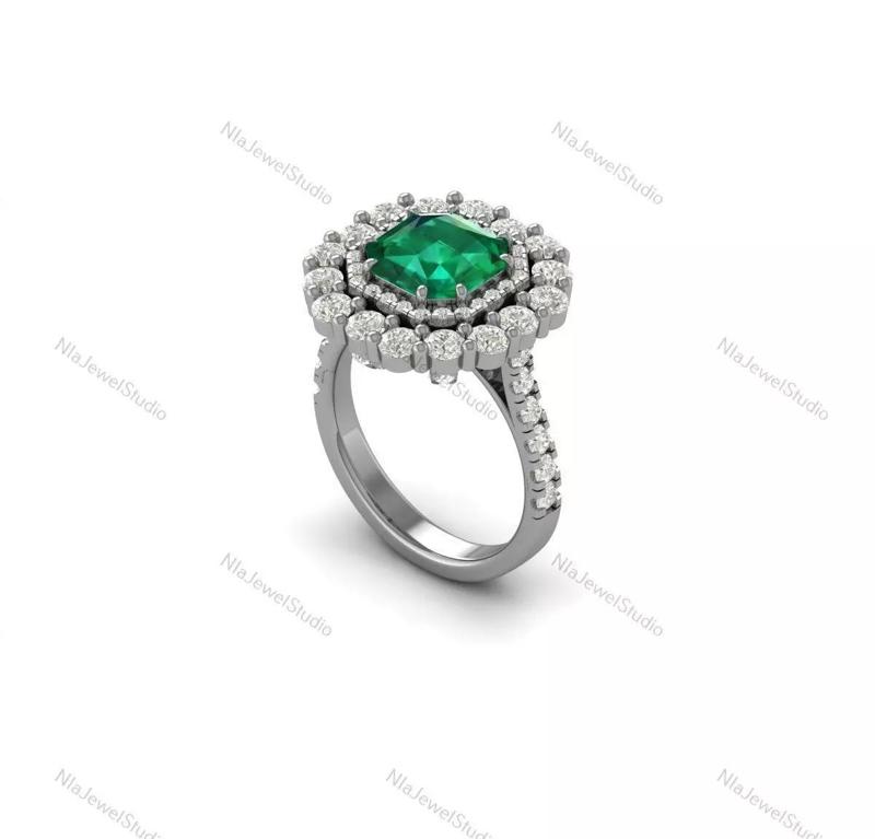 Radiant Emerald Halo Engagement Ring-3D Model