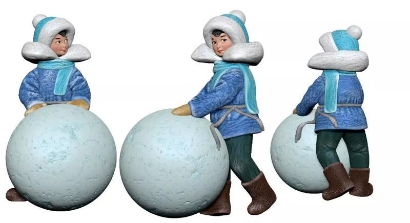 001359 boy in bright blue jacket with a big snowball 3dp