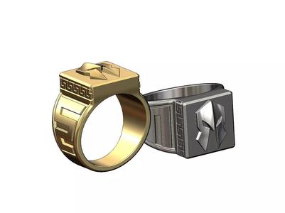 Warrior helmet Greek key square signet ring US size 10