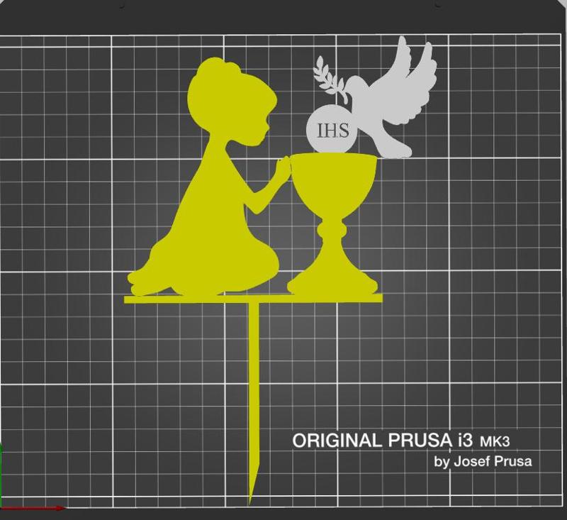 Girl praying, chalice, sacramental bread and a dove