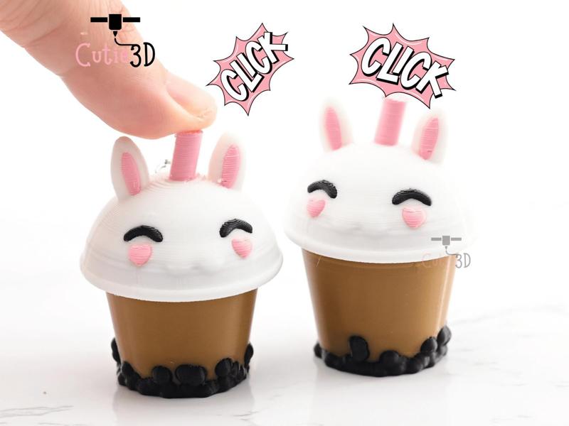 Cutie3D Bunny Boba Tea Cup Keycap Fidget Clicker Keychain - Cute Backpack Keychain