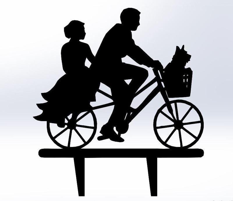 Wedding Cake Topper - Bride and Groom on a Bicycle with Dog in a Basket