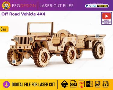 4x4 war car with trailer flatbed laser cut 3mm chipboard mdf 3mm truck 3d model to assemble Laser Cut 3D Puzzle DIY png svg