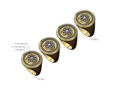 Fluted bezel round cluster diamond signet ring US sizes 8to11 3D print model