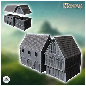 Set of two medieval warehouses with large wooden doors slate roofs (19) - Medieval Gothic Feudal Old Archaic Saga 28mm 15mm RPG