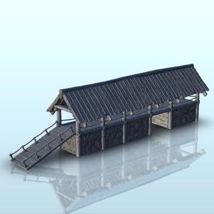 Stone walkway with wooden roof and access ramp (12) - Medieval building middle age