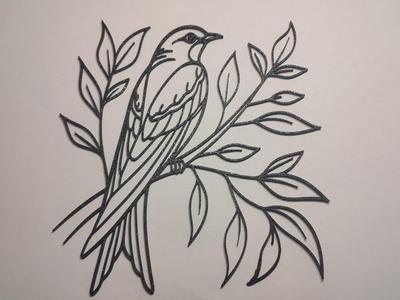 Cute bird on a branch with leaves, wall art