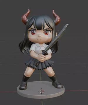 3D Figurine - Demon Girl with Sword in Chibi Anime Style