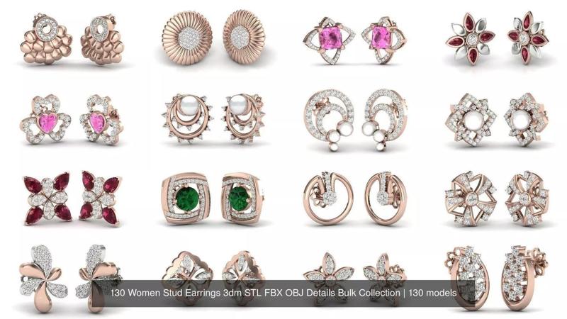 130 Women Stud Earrings 3dm STL FBX OBJ Details Bulk Collection