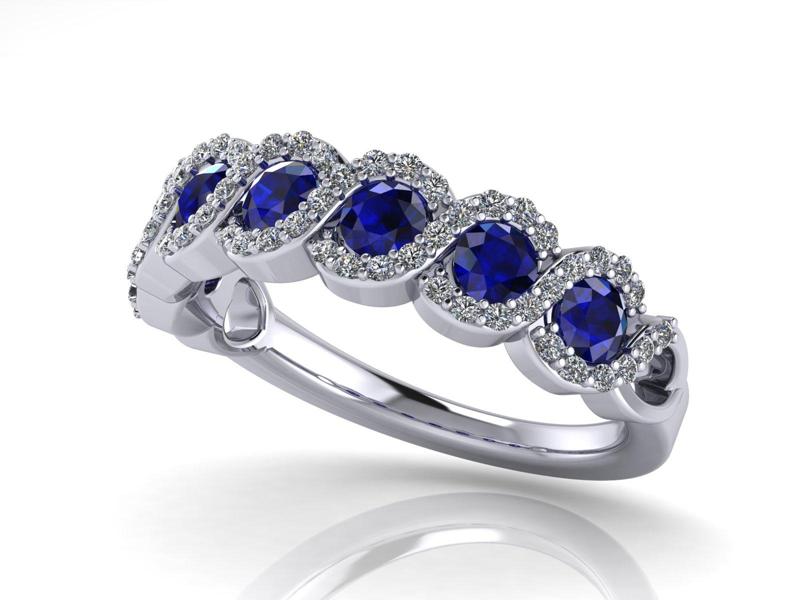 Spiral Weave Anniversary / Engagement Ring - Round Sapphires with Round Diamonds Halo