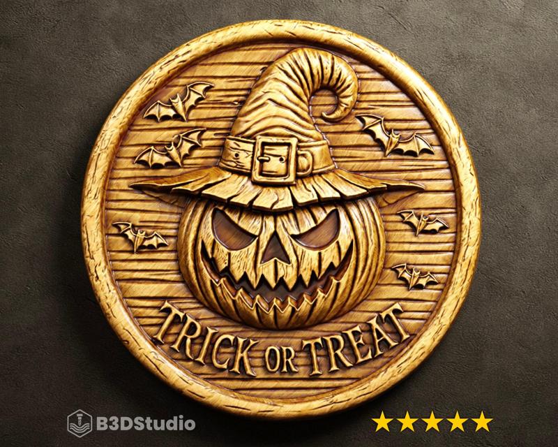 Trick or treat Relief High Detail 3D Model: CNC Laser & 3D Print STL File + 4K TIF Grayscale Image