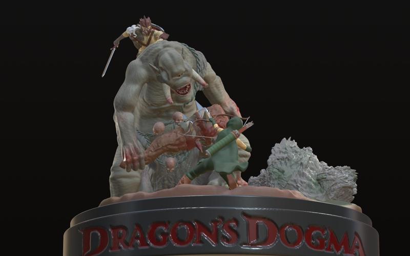 Dragon's Dogma, fan sculpture, diorama, battle of the rebel and pawns against the cyclops. 3d model, stl, 3d print.