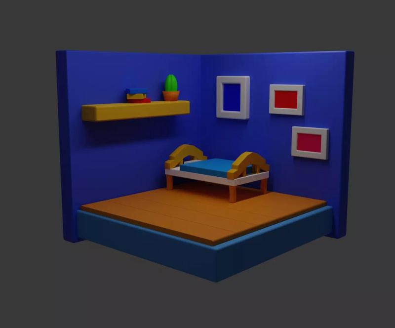 3d house room with bed and shelves