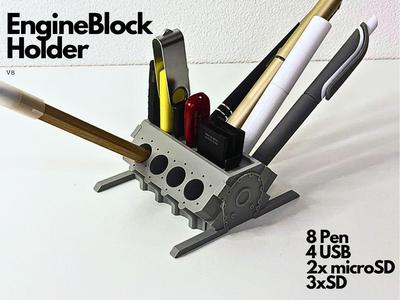 V8 Engine Block Pen Holder (USB, SD, microSD)