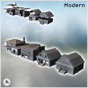 Set of four modern houses with a chimney, brick walls, and entrance access stairs (13) - Modern WW2 WW1 World War Diaroma Wargaming RPG Mini Hobby