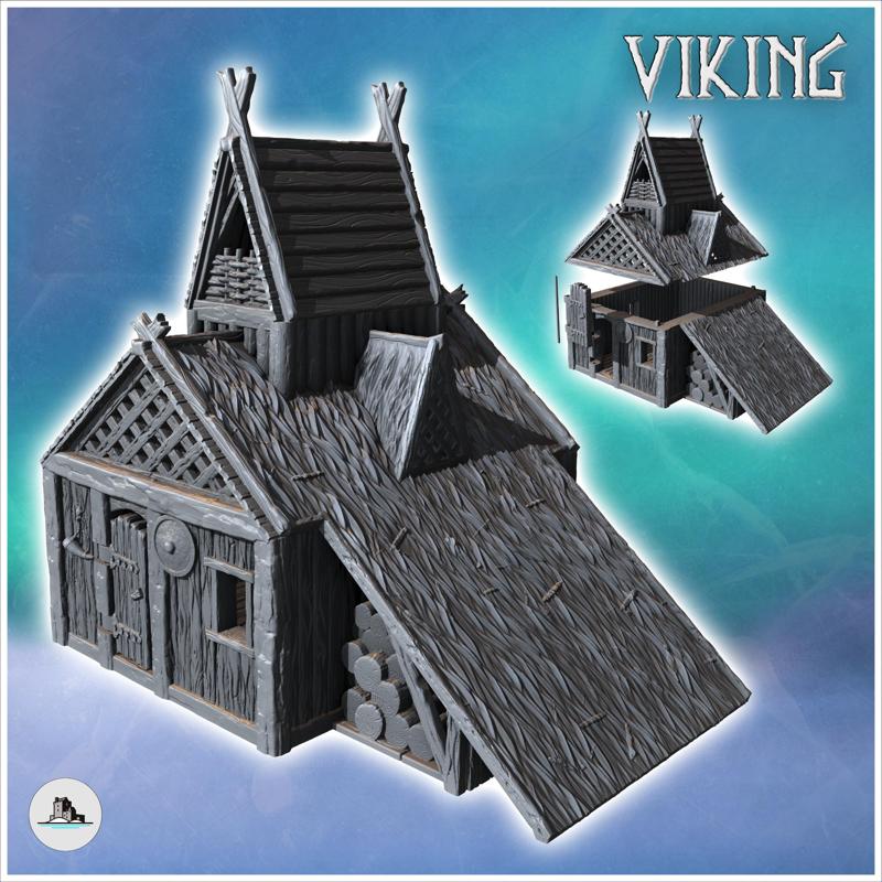 Large Viking building with thatched roof, high platform and wood storage annex (18) - North Northern Norse Nordic Saga 28mm 15mm Medieval Dark Age