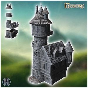 Medieval stone tower with adjoining house, balconies and fireplaces (16) - Medieval Gothic Feudal Old Archaic Saga 28mm 15mm RPG