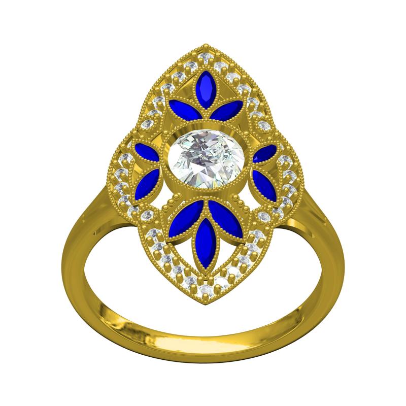 Blue Sapphire Marquise and Round Diamond Art Deco Ring