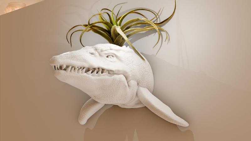 mososaurus dinosaur head wall mount planter pot flower vase stl