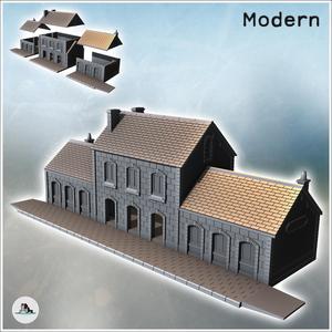 Building with paved sidewalk with inclined access and two side wings (intact version) (27) - Modern WW2 WW1 World War Diaroma Wargaming RPG Mini Hobby