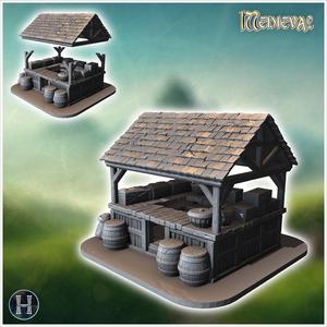 Wooden market stall with barrels, crates, and a slanted roof, displaying various goods (10) - Medieval Gothic Feudal Old Archaic Saga 28mm 15mm RPG