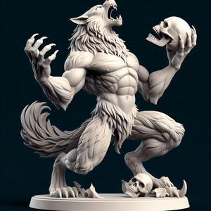 461 Ivory Werewolf Howling with Skull - 3D Model, magic, collectible, creature, dinosaur, sculpture, bear, troll, monkey, witch, club, werewolf, serpent, cat, fantasy, fairy