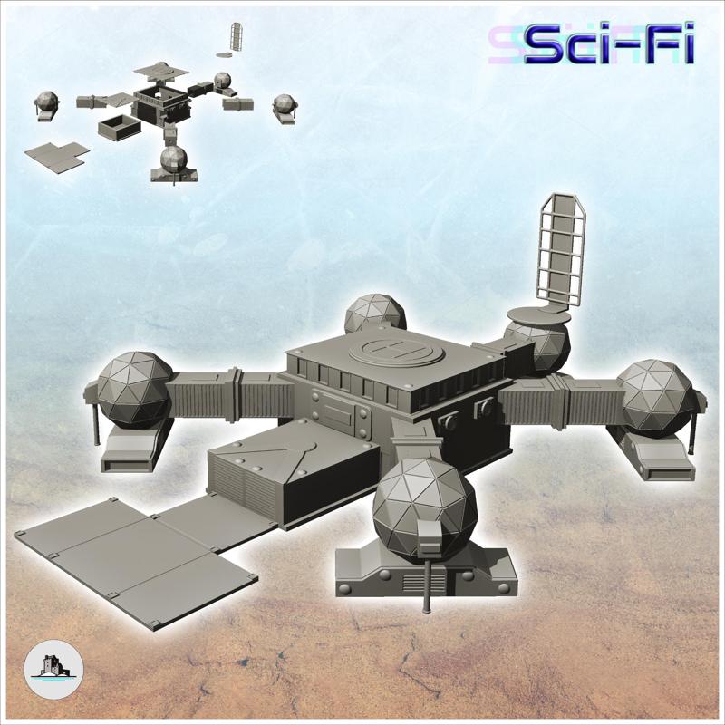 Large futuristic base with four corner domes and landing platform (28) - Future Sci-Fi SF Post apocalyptic Tabletop Scifi