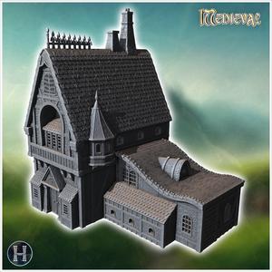 Medieval-style house with a steeply pitched roof, large chimneys, and a central tower (27) - Medieval Gothic Feudal Old Archaic Saga 28mm 15mm RPG