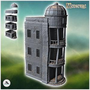 High building with round balcony on each floor and large cupola on roof (2) - Medieval Gothic Feudal Old Archaic Saga 28mm 15mm RPG